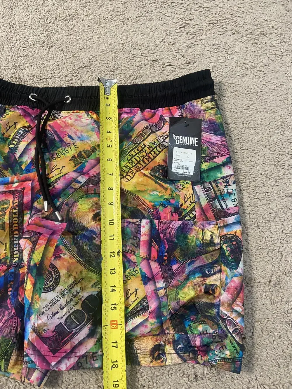 Genuine Shorts Mens XL Multicolor Money Print Swim Trunks Mesh Liner Drawstring